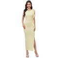 Popular Milk Silk Sexy Elegant Side Slit Design Shoulder Ribbon Dress Apricot