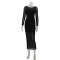 Women round Neck Long Sleeve Slim Fit Figure Flattering Dress Sexy Mesh Stitching Red Carpet Dress Black