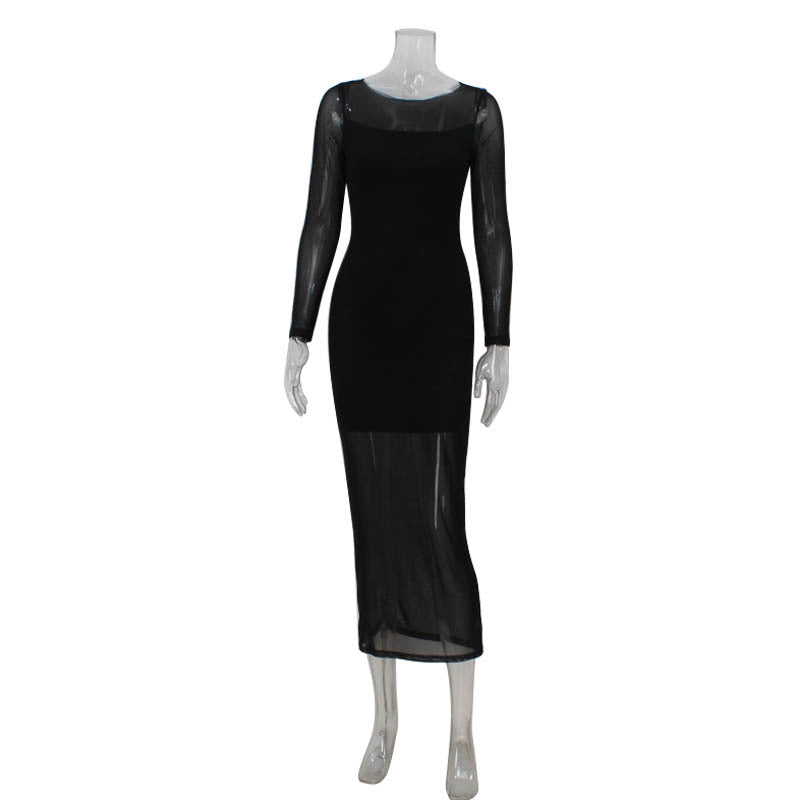Women round Neck Long Sleeve Slim Fit Figure Flattering Dress Sexy Mesh Stitching Red Carpet Dress Black