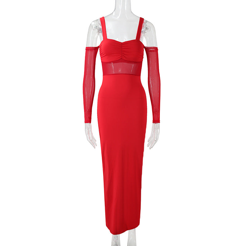 Women Clothing Sexy Spaghetti Straps Corset Slim Mesh Stitching Independent Sleeve Dress Red