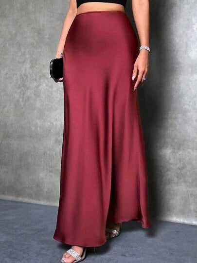 Satin Skirt Autumn Winter Simple A line Long Skirt Women Clothing Burgundy