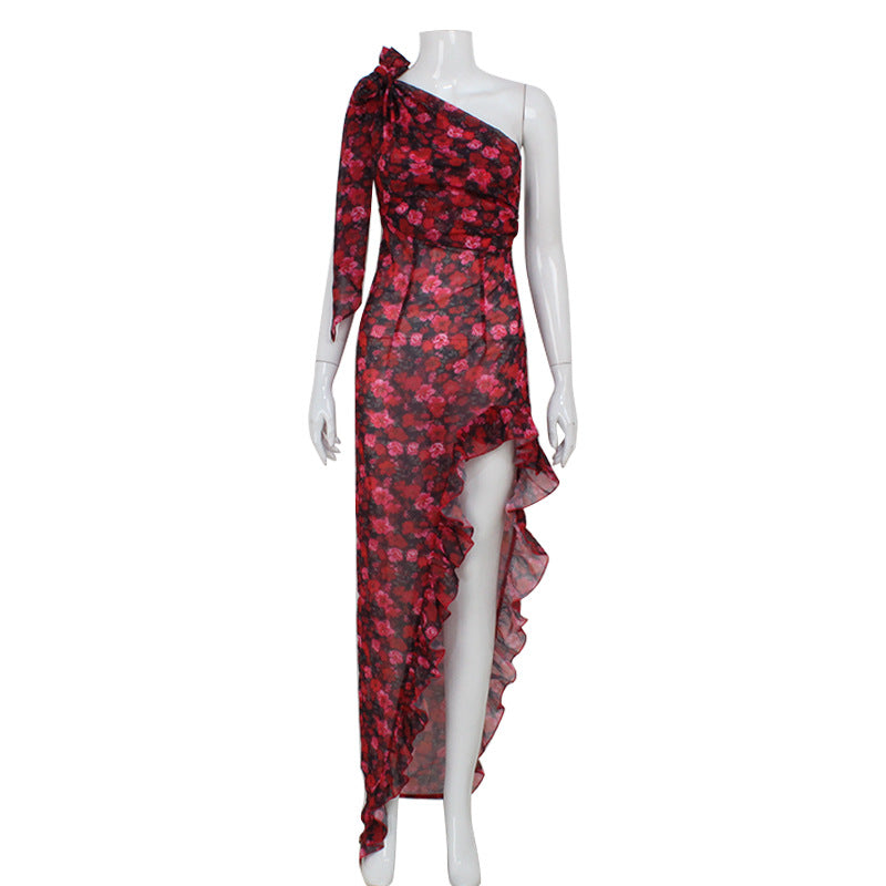 Women Diagonal Collar Ruffled Floral Print Dress Waist Tight Irregular Asymmetric Maxi Dress Black