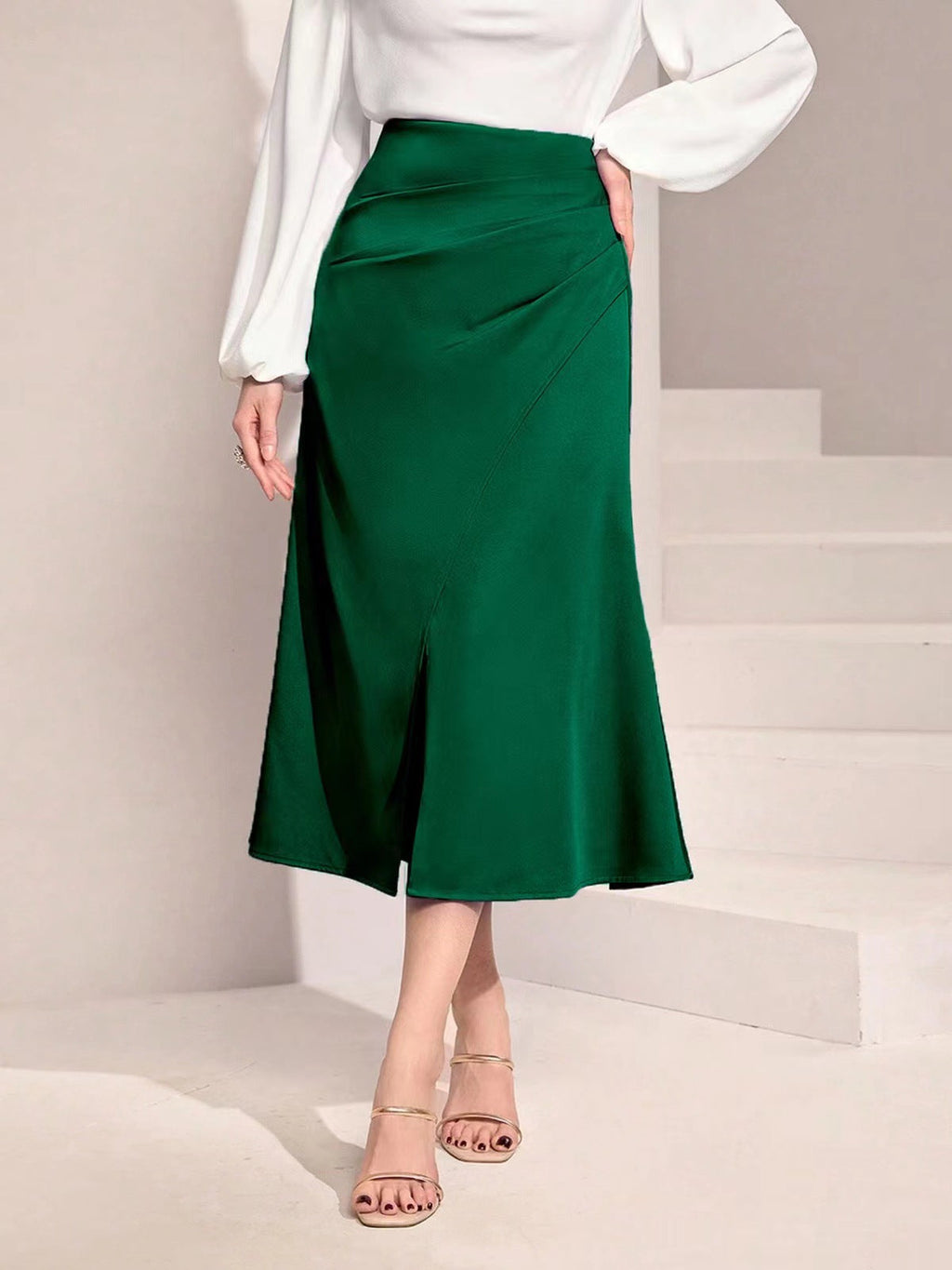 Women Clothing High Waist Satin Pleated Split Dress Solid Skirt Zipper Fishtail Hip Skirt Green