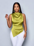 Women Clothing Summer Satin Shirt Women Asymmetric Satin Shirt Women Top Yellow
