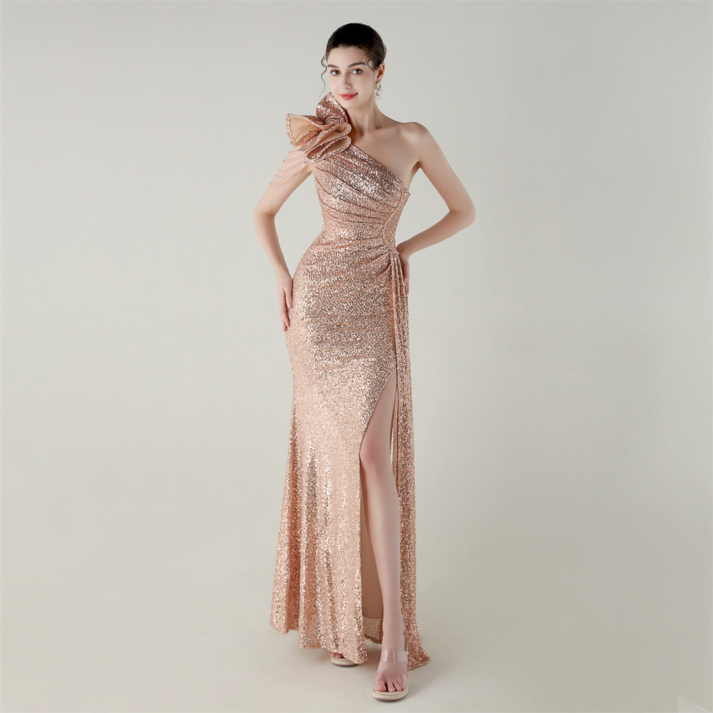 Craft Floral Beaded One Shoulder Diagonal Collar Fishtail Evening Dress Dinner Wedding Awards Ceremony Social Dress Gold