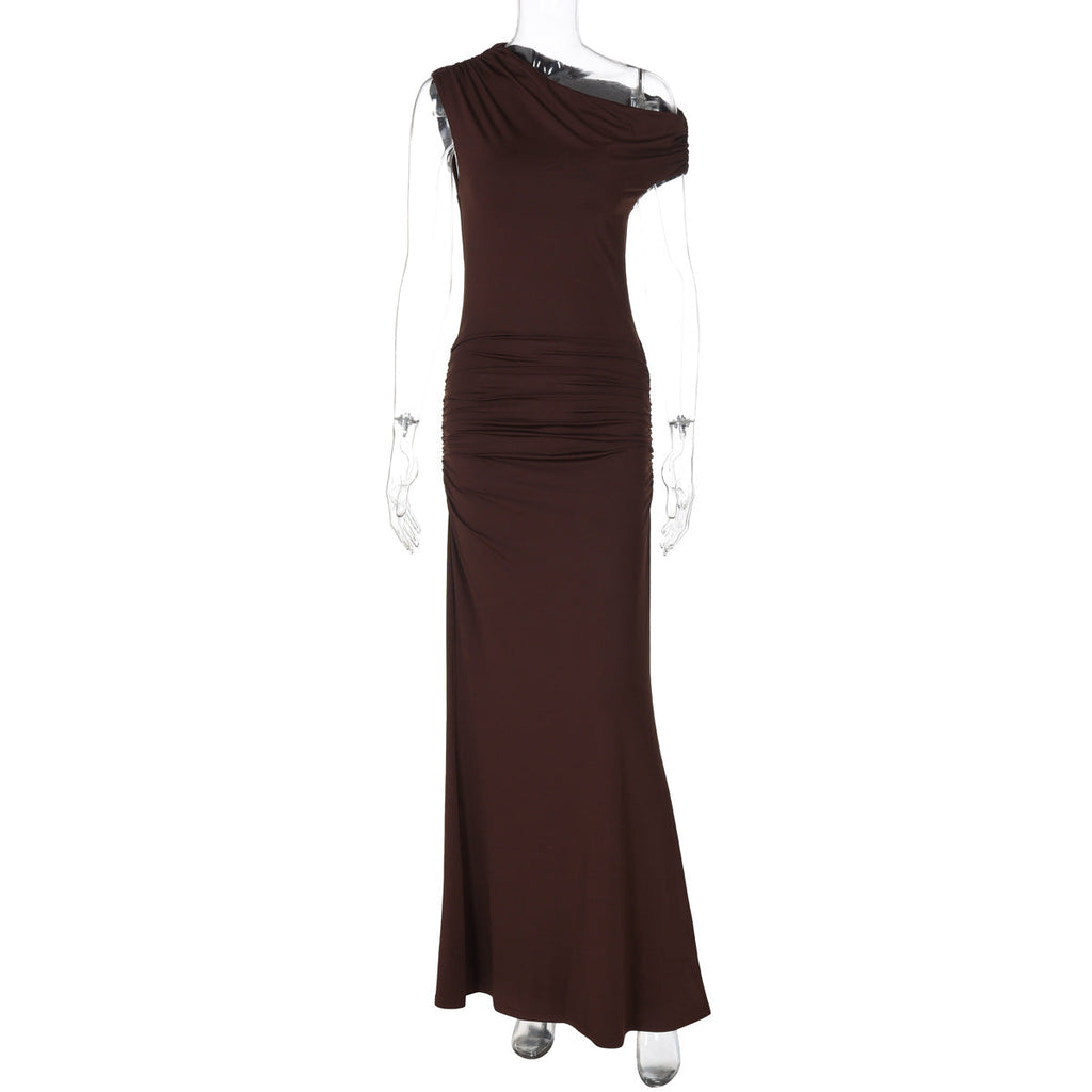 Women Clothing Summer Pleated Waist Tight Slimming Shoulder Hollow Out Cutout Sexy Solid Color Dress Brown