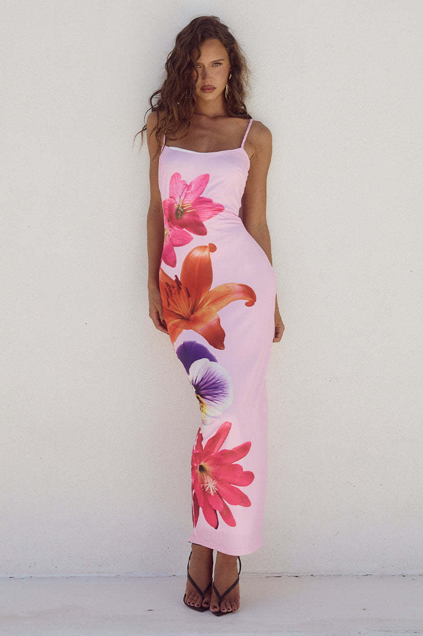 Summer Women Clothing Sexy Strap Floral Print Slim Fit Maxi Dress Pink