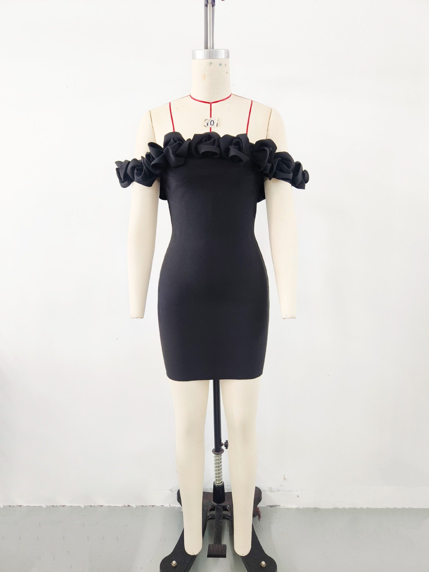Women Clothing Advanced Sense Red Floral Bandage One Piece Dress Black