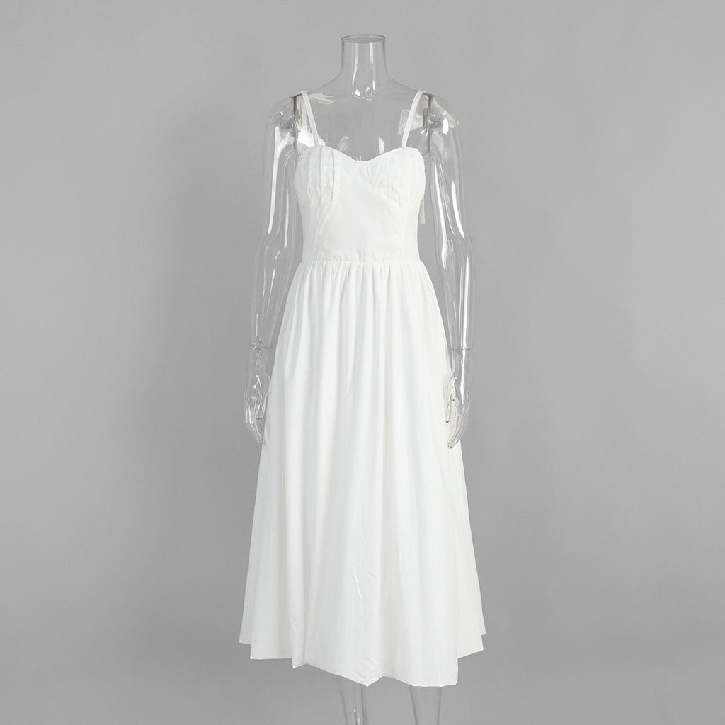 Cotton Sling Balloon Dress Summer Tight Waist Bubble Swing Dress Pure Cotton Dress Women White