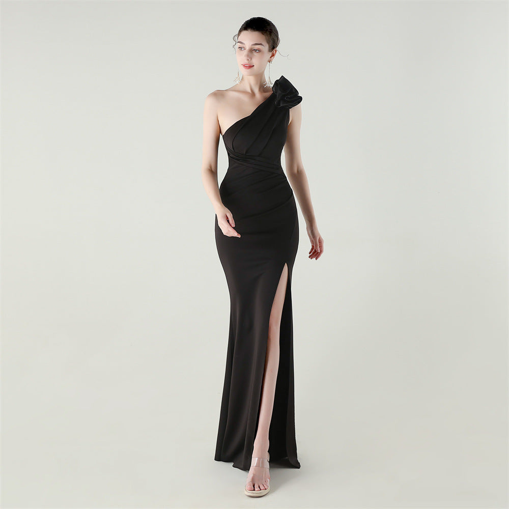 One Shoulder Three Dimensional Floral Satin Folding High Slit Sexy Evening Dress Dinner Wedding Social Black