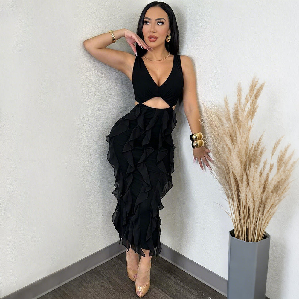 Women Clothing Sexy V neck Sleeveless Cut-out Ruffled Solid Color Split Dress Black