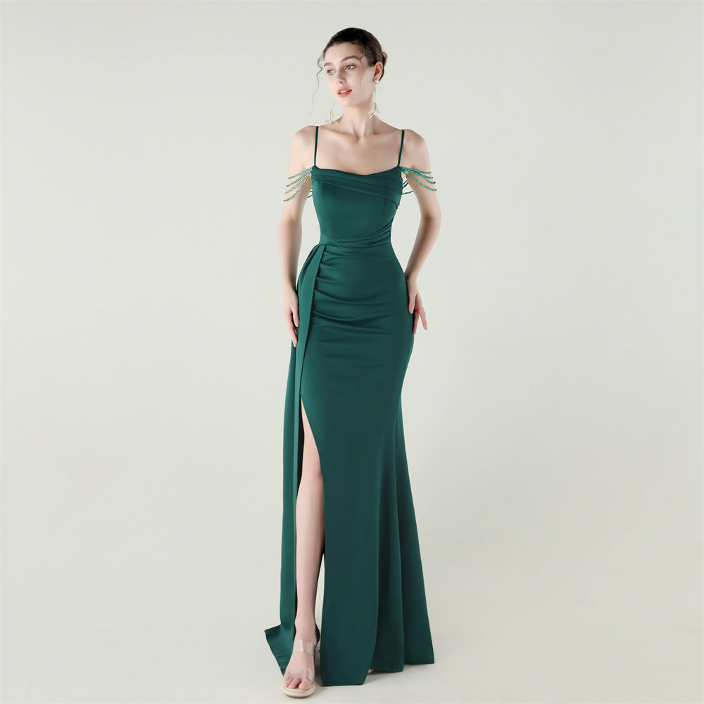 Bandeau Sling Satin Craft Beaded Chain Fishtail Evening Dress Dinner Wedding Ball Green