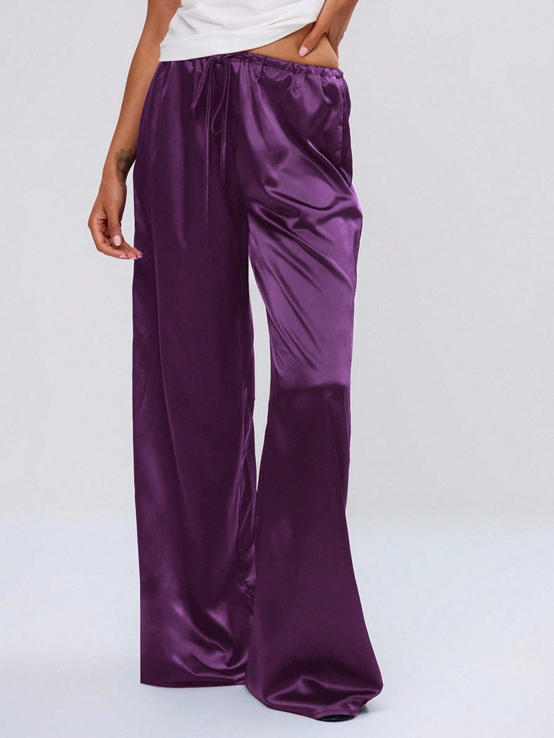 Women Clothing Trendy Autumn Satin Satin Casual Pants Loose Wide Leg Drawstring Long Pants Purple