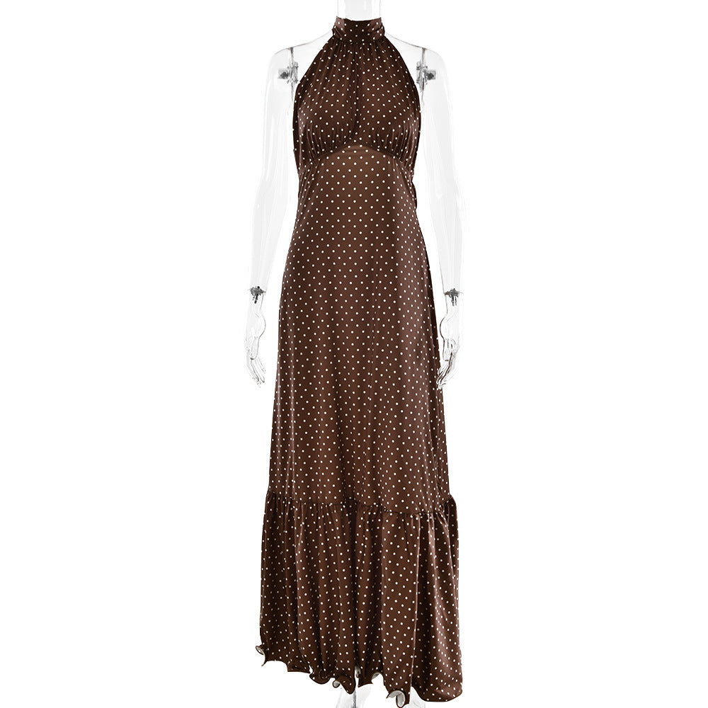 French Halter Polka Dot Satin Dress Sexy Elegant Backless Waist Trimming Dress Coffee