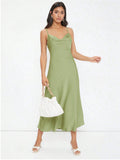 Women Clothing Spring Summer Satin Sling Deep V Plunge neck Slim Solid Color Dress Yellow