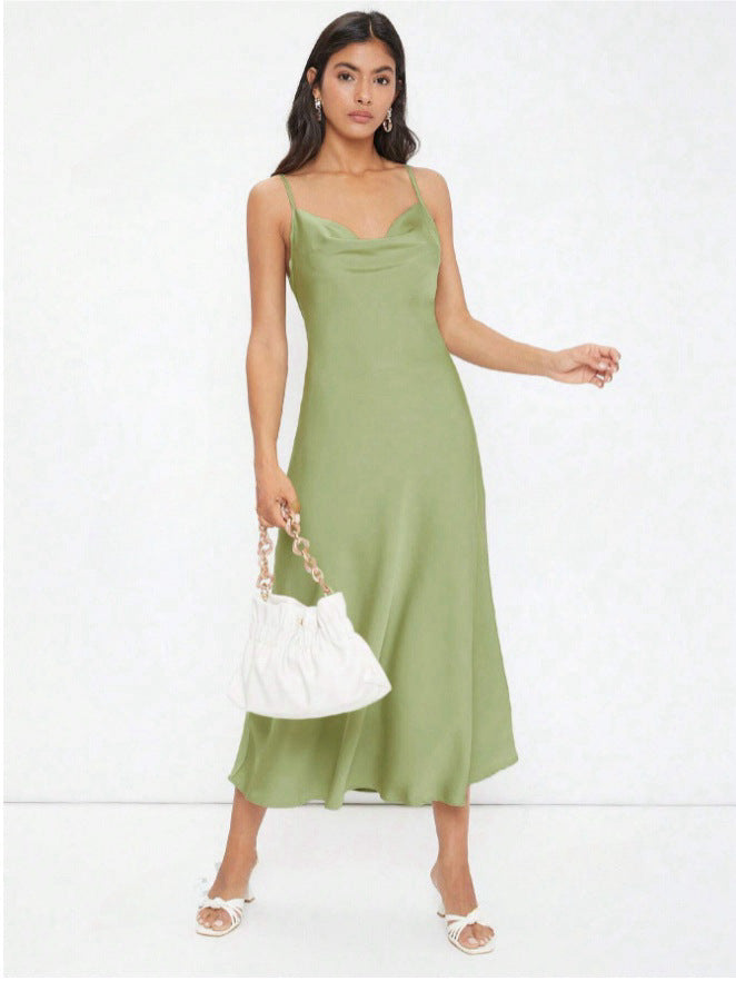 Women Clothing Spring Summer Satin Sling Deep V Plunge neck Slim Solid Color Dress Yellow