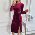 Women Clothing Christmas Mid Length Split Elegant Dating Long Sleeve Narrow Dress Autumn Burgundy