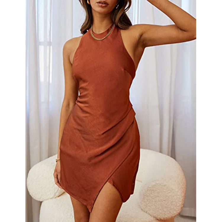 Women Clothing Solid Satin Halter Backless Slit Mini Dress Gown Brown