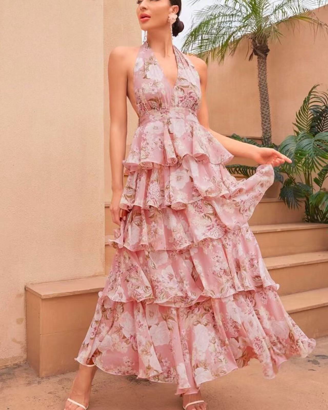 Spring Women Clothing Dress Sexy V neck Sling Multi Layer Printing Dress Pink