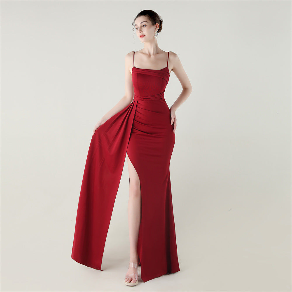 Camisole Tube Top Satin Pleated Fishtail High Slit Evening Dress Elegant Slim Dress for Dinner Ceremony Burgundy