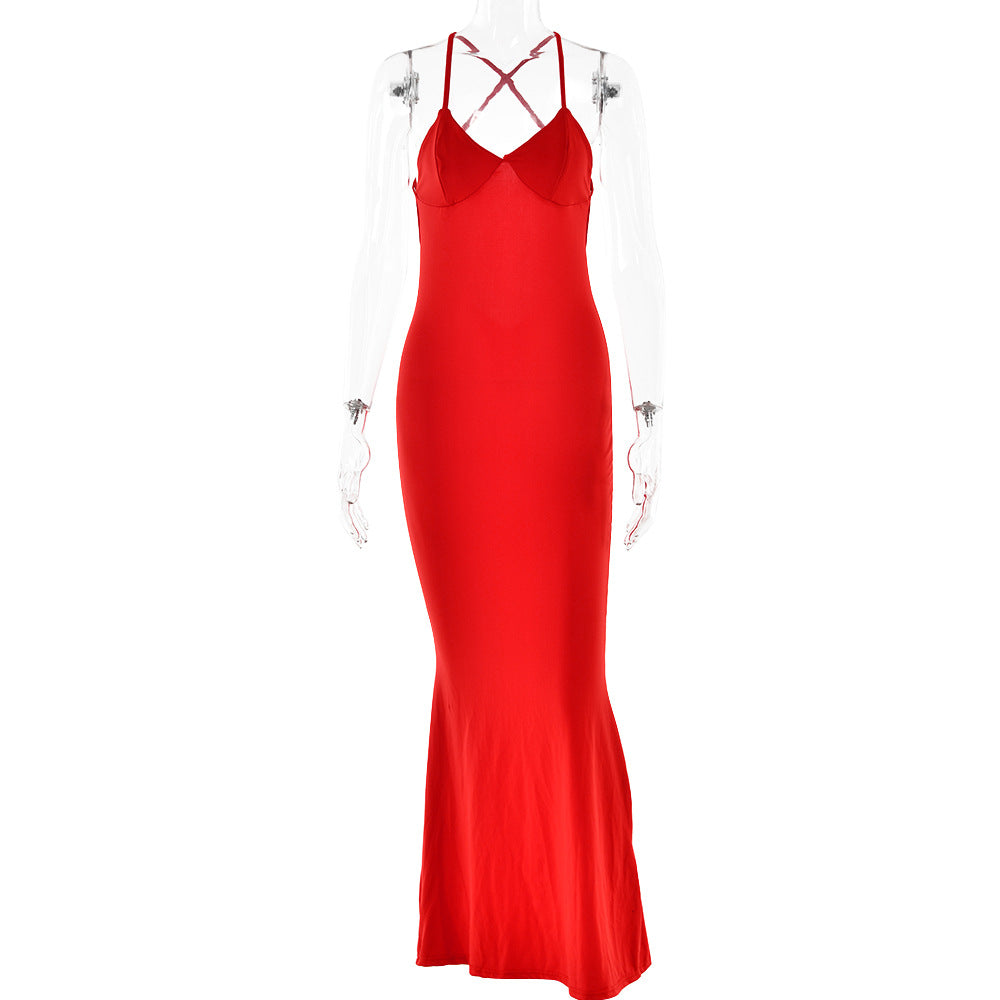 Spring Dress Sexy Trend V neck Backless Slim Fit Sheath Suspender Red