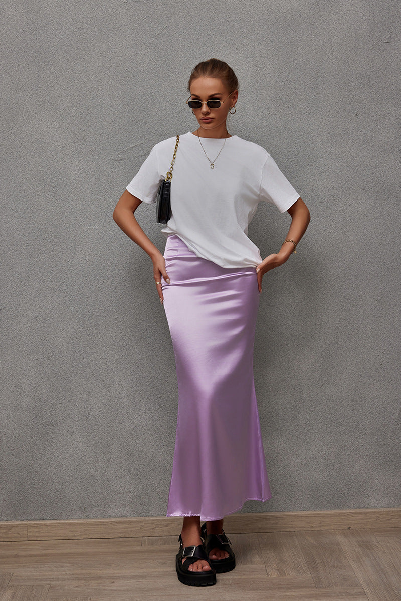 Spring Summer Artificial Silk Skirt Satin Skirt Women Casual Satin Hip Skirt violet