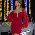 Fall Winter Sexy Dress Butterfly Sequined Lantern Sleeve Party Cocktail Nightclub Dress Red