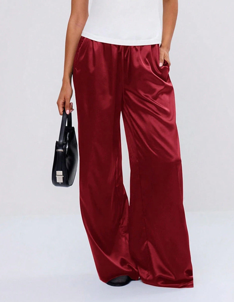 Women Clothing Trendy Autumn Satin Satin Casual Pants Loose Wide Leg Drawstring Long Pants Red