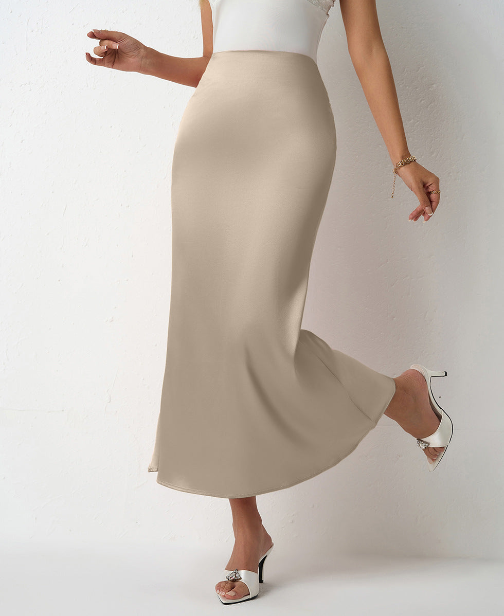Women Clothing Spring Summer Slim Satin Skirt Satin Mid Length Sheath Fishtail Skirt Ivory
