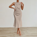 Women Clothes Summer Sexy Satin Dress Pleated Satin Midi Dress Apricot