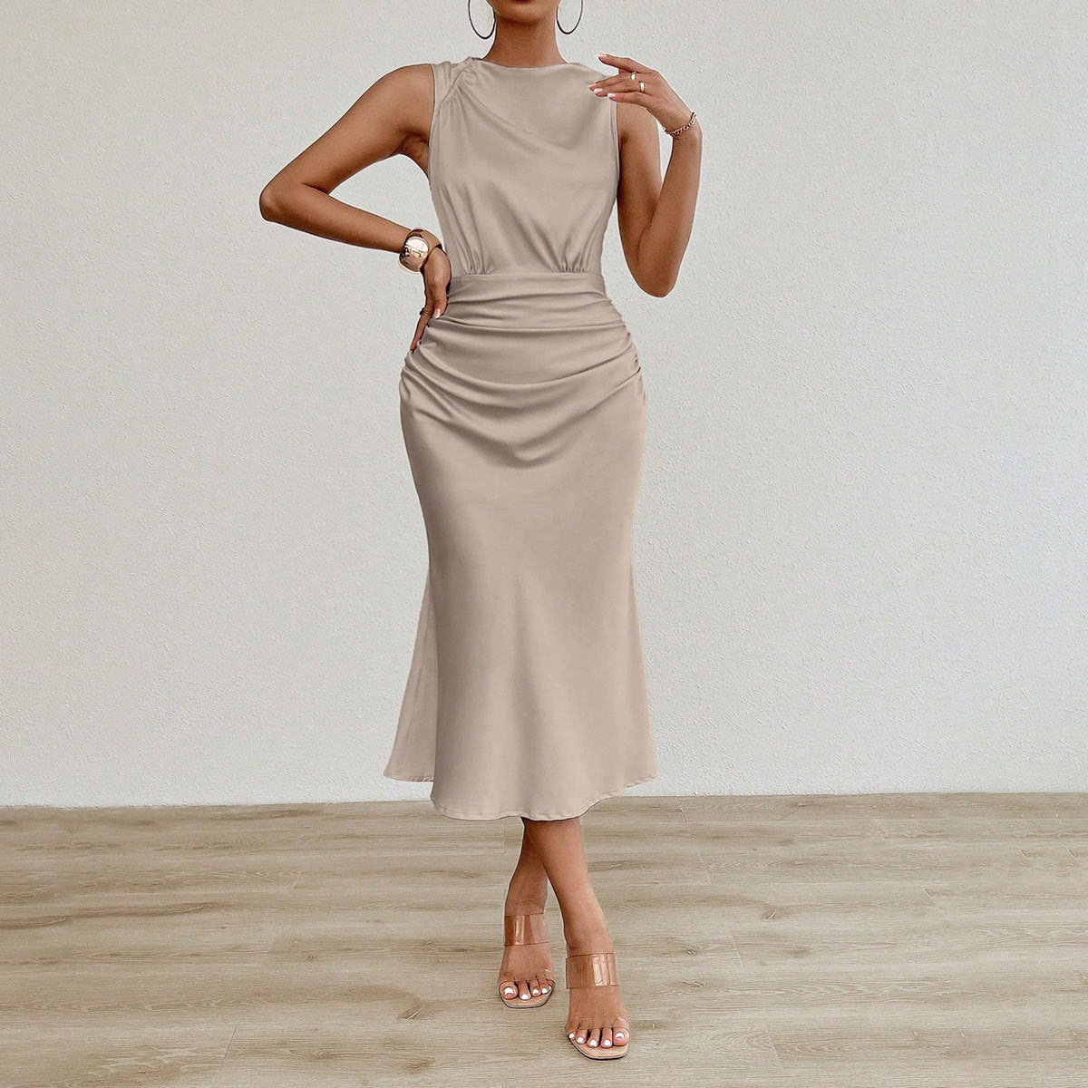 Women Clothes Summer Sexy Satin Dress Pleated Satin Midi Dress Apricot
