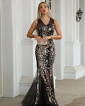 Short Sleeve Dress Women Sleeveless Sequined Mesh Fishtail Evening Dress Black