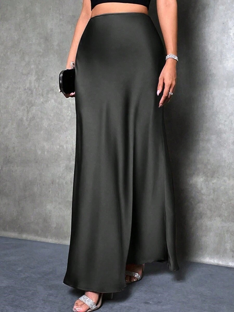 Satin Skirt Autumn Winter Simple A line Long Skirt Women Clothing Black