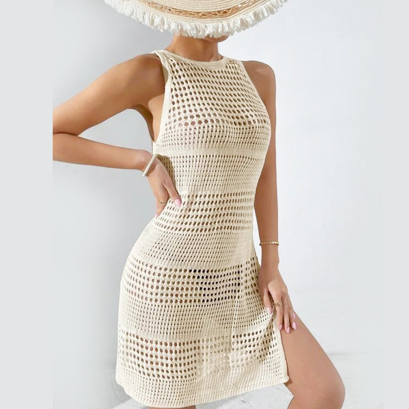 Beach Dress Knitted Hollow Out Cutout Sexy Backless Beach Vacation Bikini Swimsuit Blouse Women Ivory