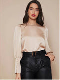 Long Sleeved Satin Shirt Women Spring Autumn Lantern Sleeve Satin Shirt Top Apricot