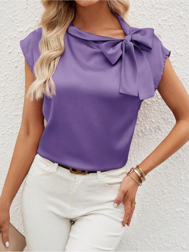 Half Open Collar Bow Satin Top Special Interest Design Satin Women Clothing T shirt violet