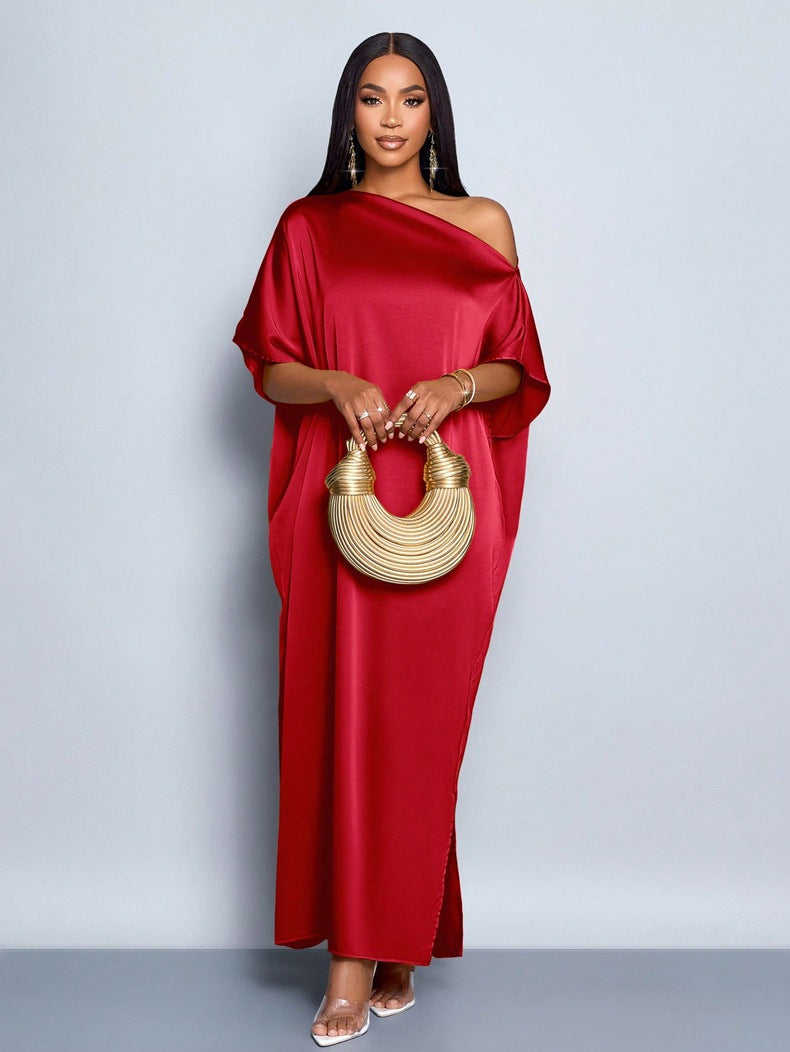 Women Clothing Early Autumn Satin Dress Yellow Satin Maxi Dress Red