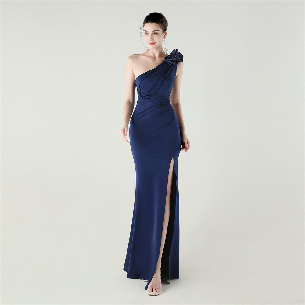 One Shoulder Three Dimensional Floral Satin Folding High Slit Sexy Evening Dress Dinner Wedding Social purplish blue