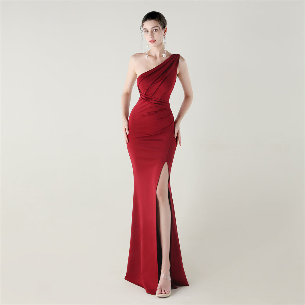 One Shoulder Slim Fit Satin Folding High Slit Sexy Evening Dress Fishtail Dress Dinner Wedding Social Networking Burgundy