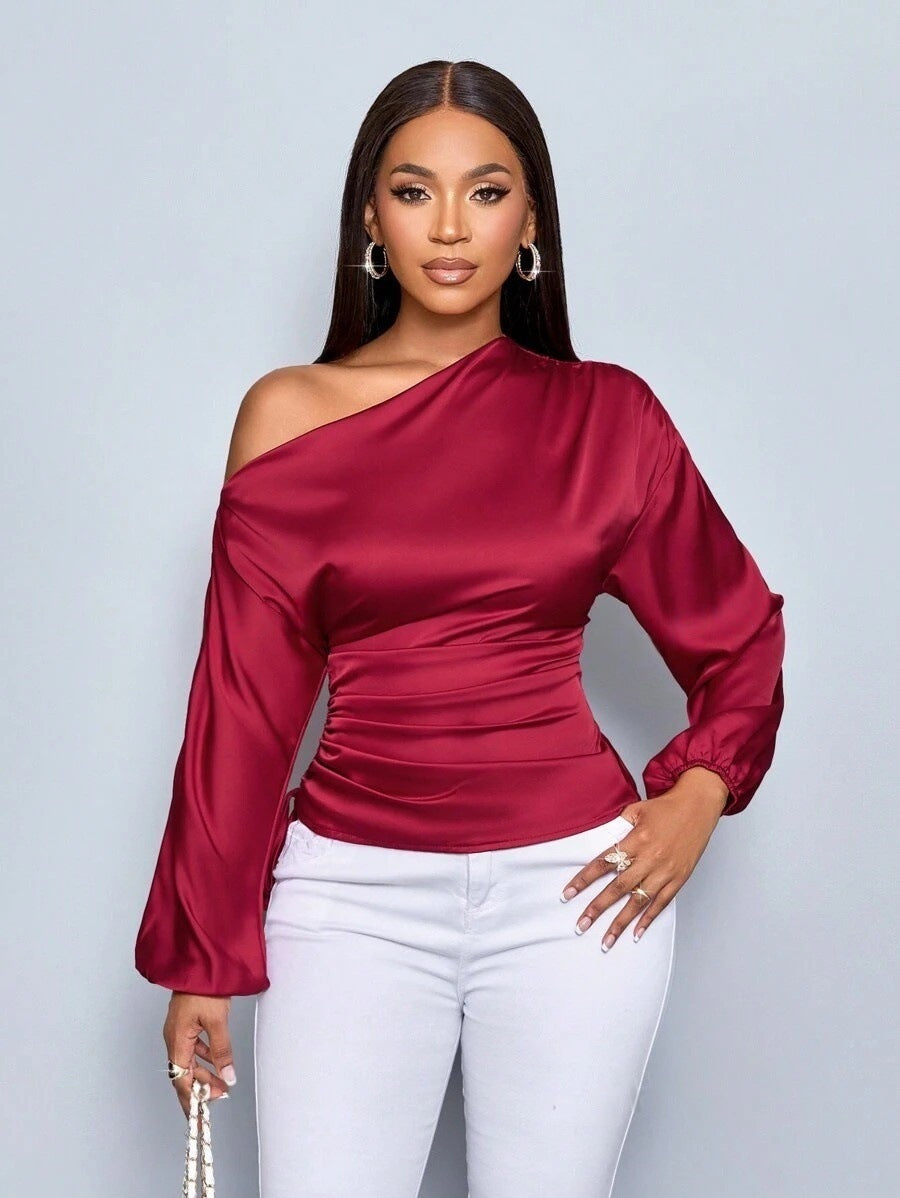 Women Clothes Satin Shirt Autumn Winter Asymmetric Long Sleeve Diagonal Collar Shirt Top Red