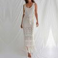Sunscreen Beach Dress Hollow Out Cutout out Strap Women Maxi Dress with Tassel Bikini Swimsuit Blouse White