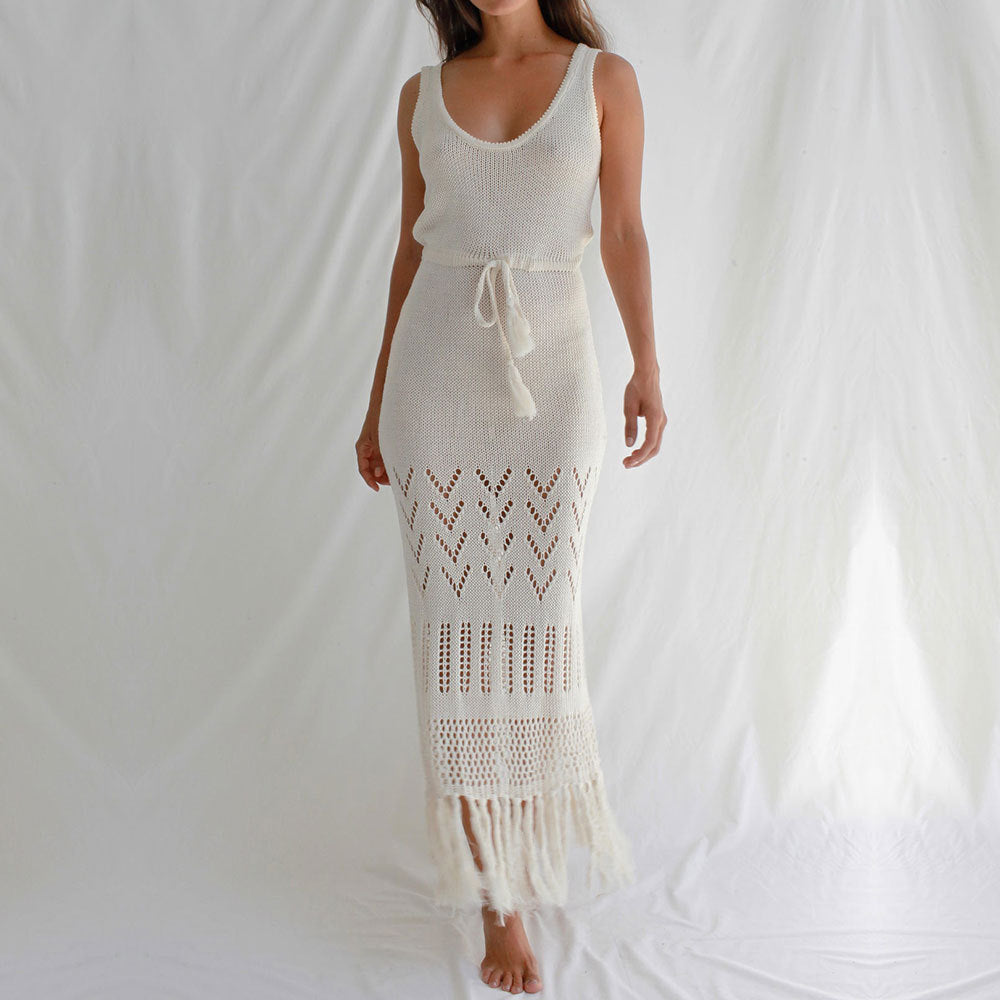 Sunscreen Beach Dress Hollow Out Cutout out Strap Women Maxi Dress with Tassel Bikini Swimsuit Blouse White