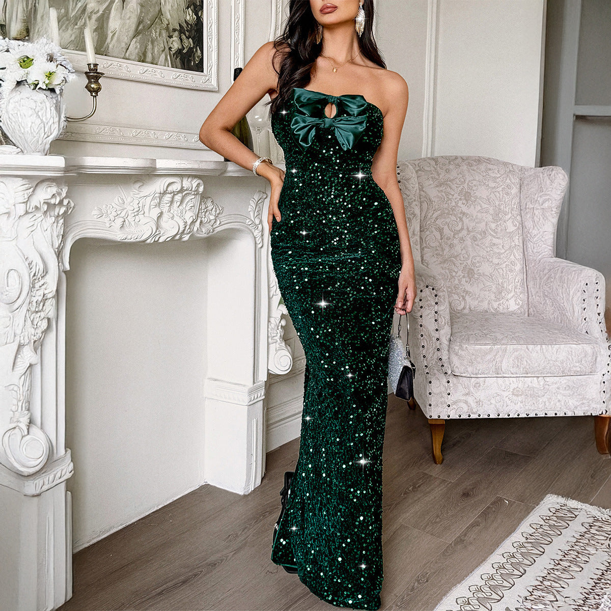 Women Elegant Evening Dress Tube Top Sexy Maxi Dress blackish green