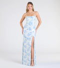 Popular Floral Strap Dress Women Mid Length Dress Slim Split Evening Dress skyblue