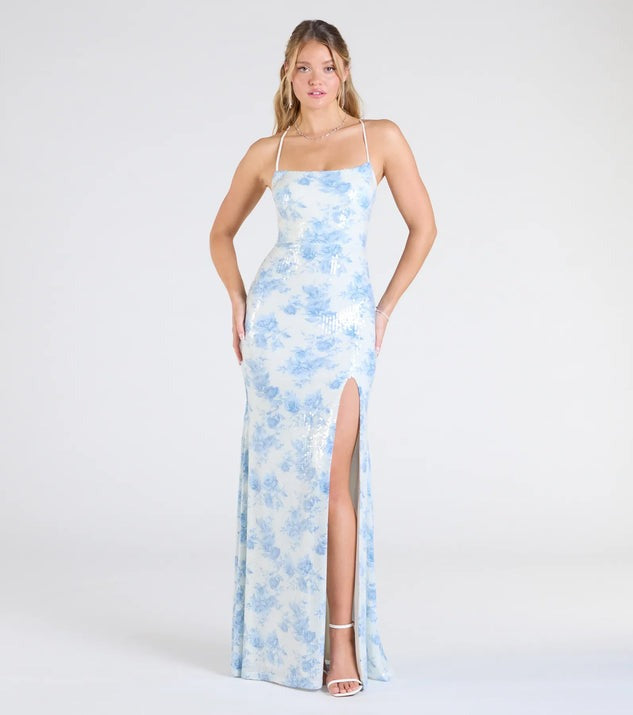 Popular Floral Strap Dress Women Mid Length Dress Slim Split Evening Dress skyblue