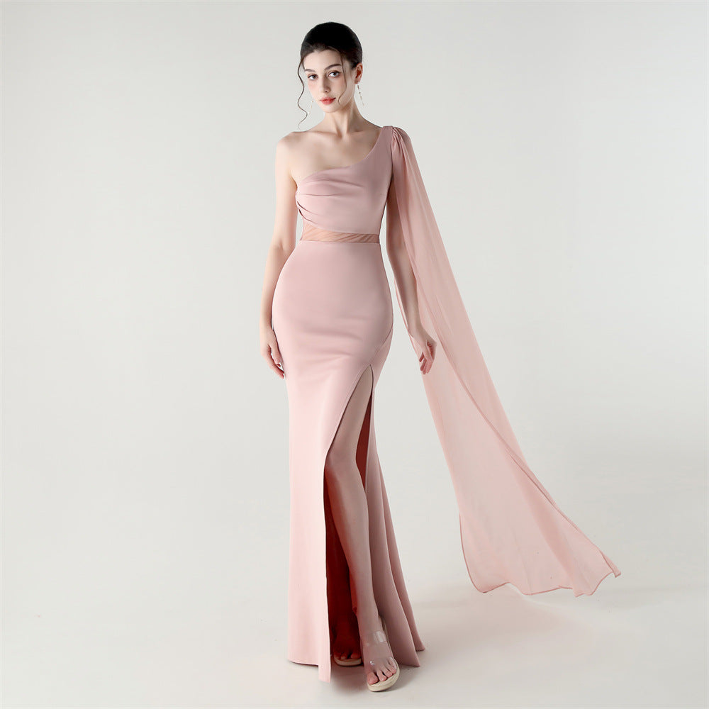 Single Shoulder Crossbody Stitching Mesh Design Satin Slim Cocktail Dress Evening Dress Pink