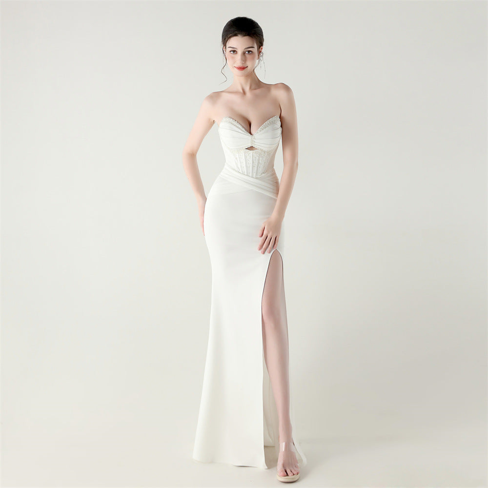 Boning Corset Lace up Waist Controlled Wrapped Chest Pleated Hollow Out Cutout out Cocktail Wedding Red Carpet Evening Dress White