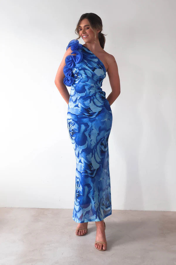 Women Clothing Summer Elegant Slim Sleeveless Three Dimensional Floral Sexy Dress Blue