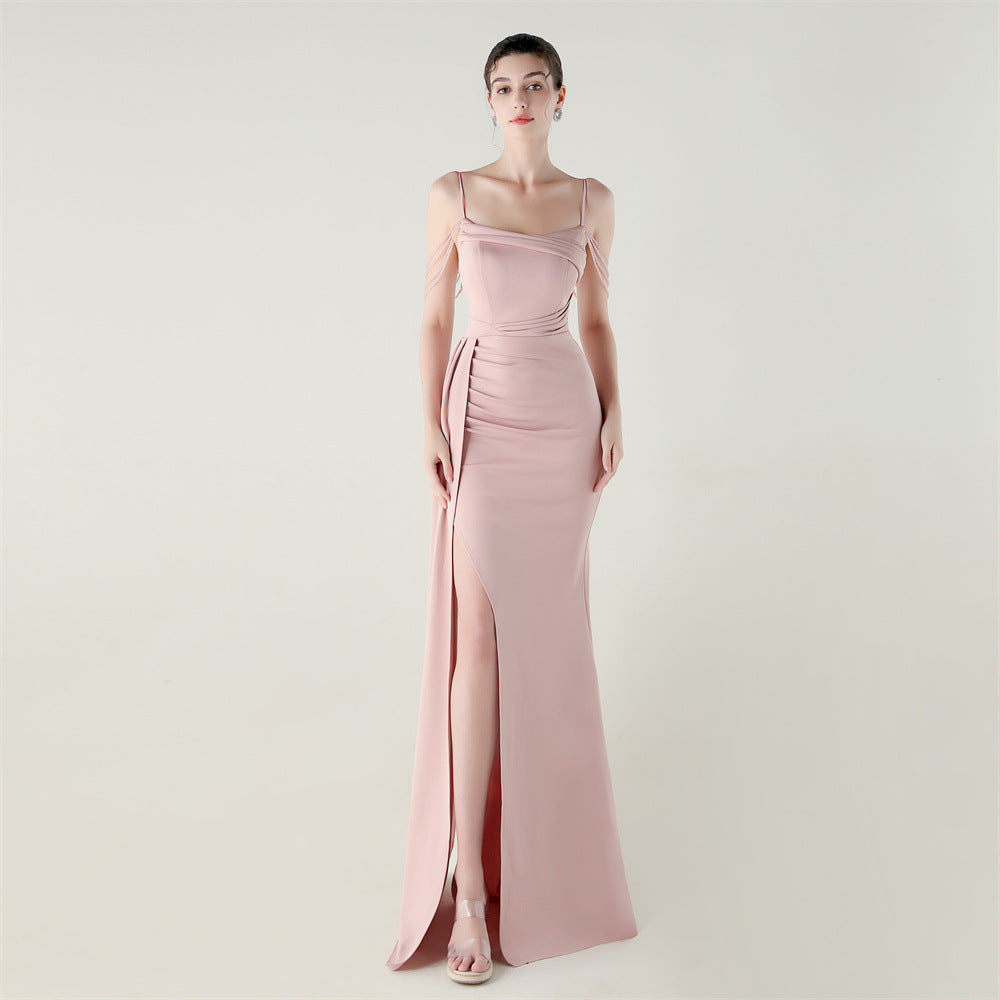 Bandeau Sling Satin Craft Beaded Chain Fishtail Evening Dress Dinner Wedding Ball Pink