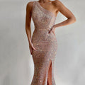 Women Clothing Pink Split Dress One Shoulder Sequ Dress Khaki